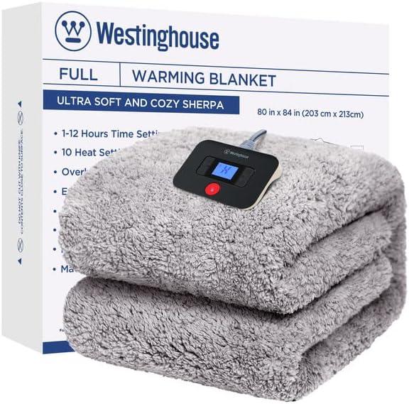 Westinghouse Electric Blanket Full Size, Soft Plush Sherpa Heated Blanket with 10 Heating Levels & 1-12 Hours Auto-Off, Machine Washable, 80x84 inches, Charcoal