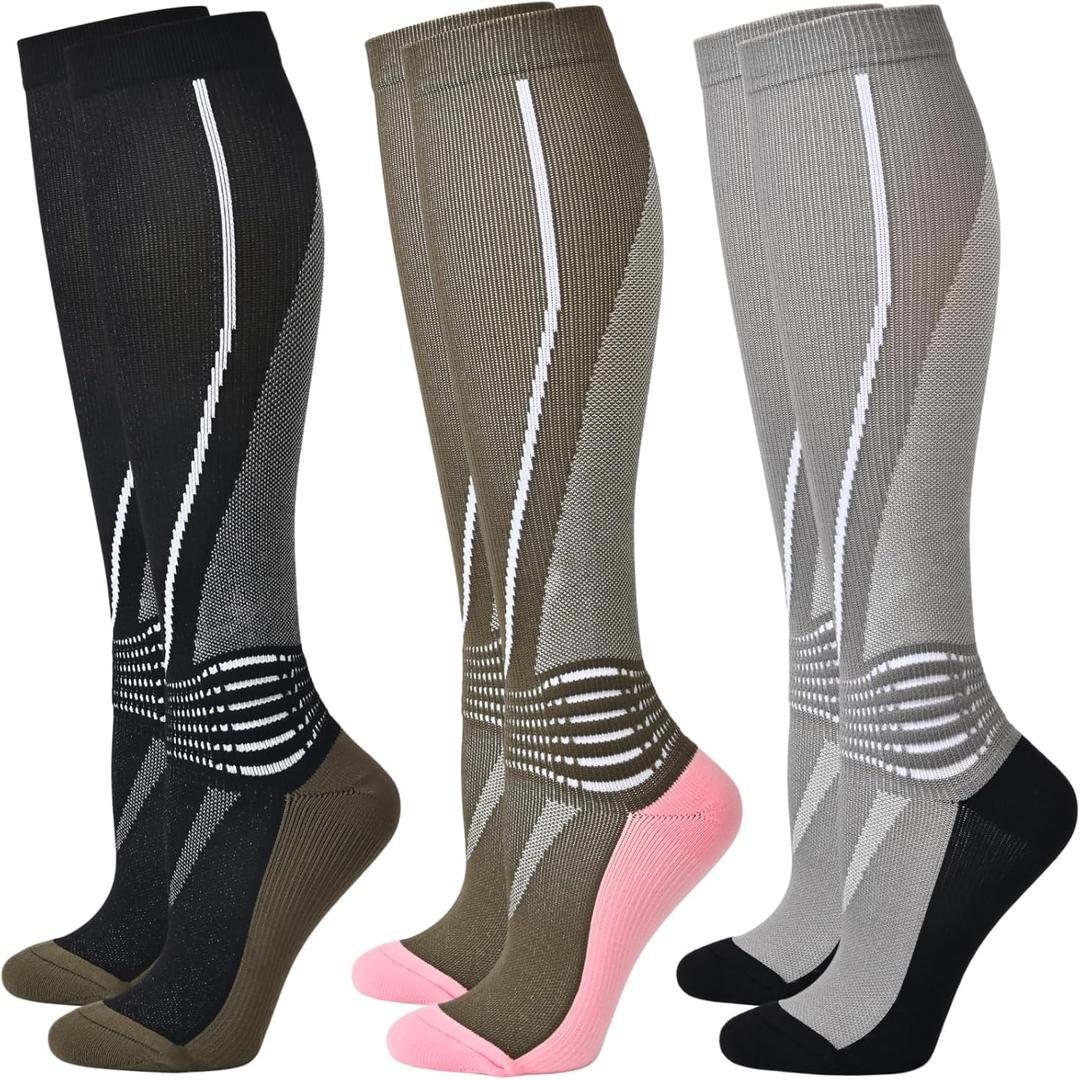 IRAMY Compression Ankle Support Socks Women Knee High Moisture Wicking Gradient Compression 3 Packs (Medium, Black+green+grey-3 Packs)