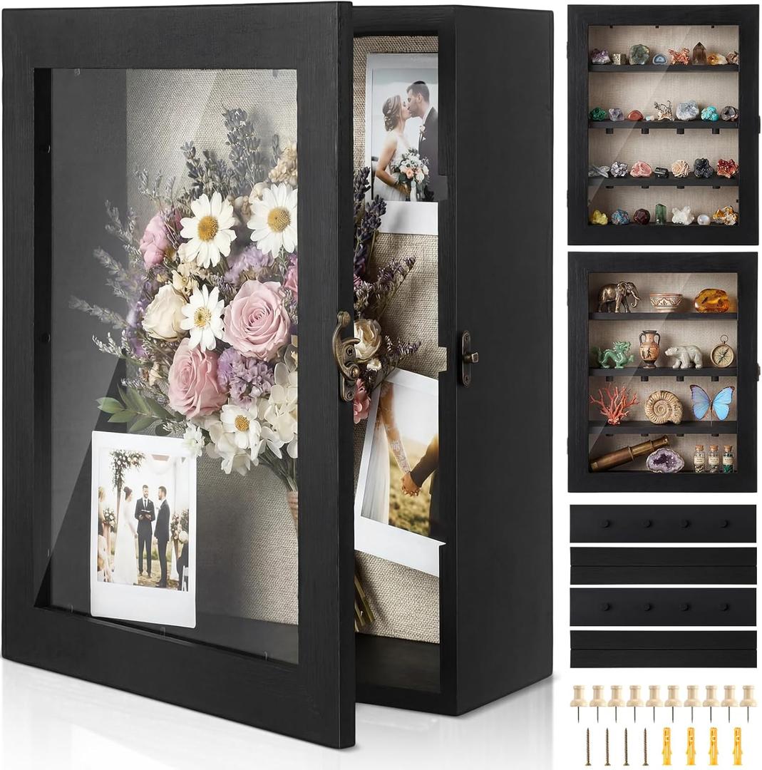 Gerrii Shadow Box Display Case 13 x 16 - Deep 5 Inch Large Wooden Picture Frame with Linen Back, Removable Shelves, Wooden Memory Case for Wedding Bouquets, Photos, Medals & Keepsakes, Black