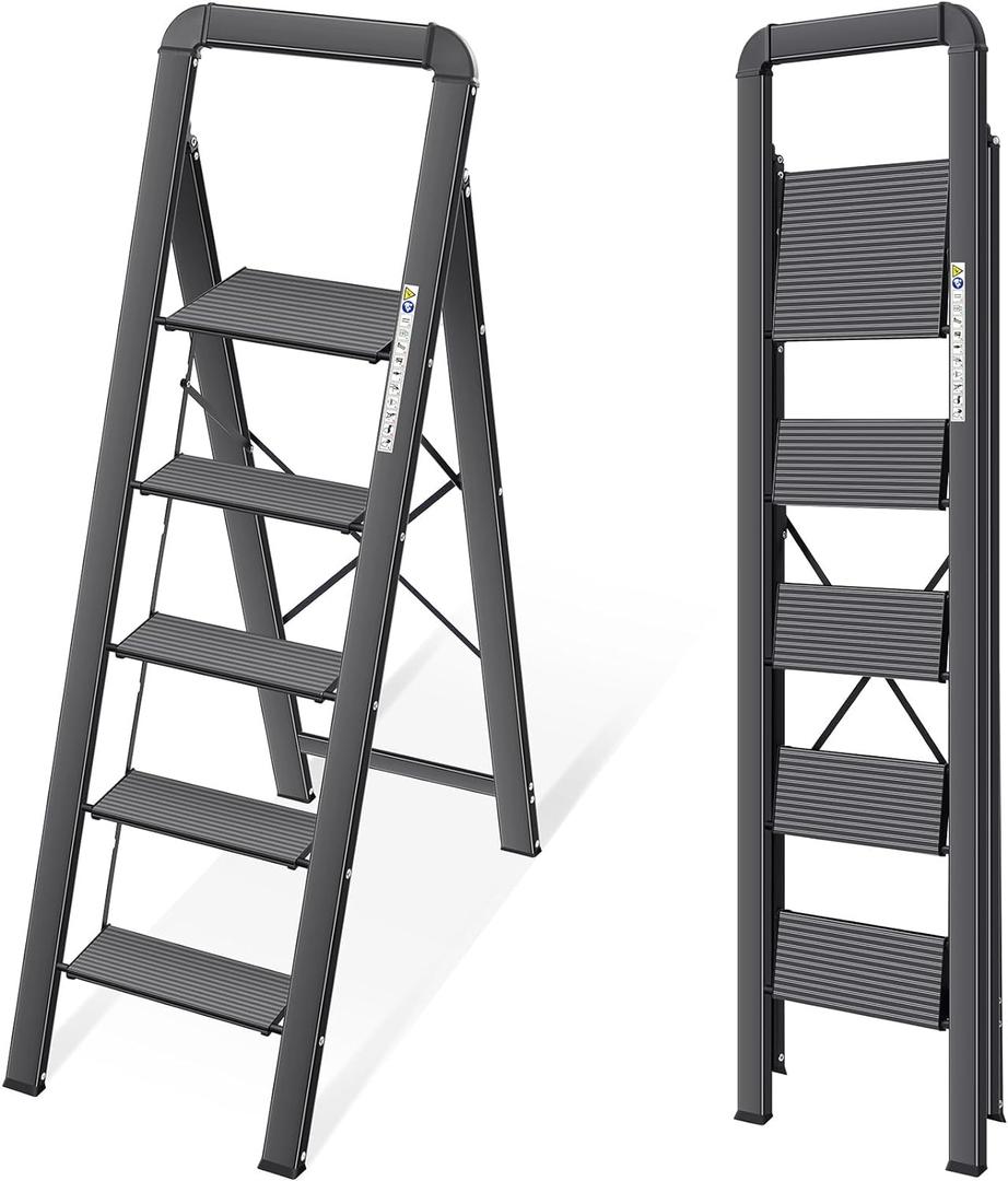KINGRACK Aluminium 5 Step Ladder, Lightweight Step Stool with Non-Slip Pedals, Handrail, Folding Step Ladder for Kitchen, Garage, Home, Space Saving, Sturdy and Portable, Silver (Black)