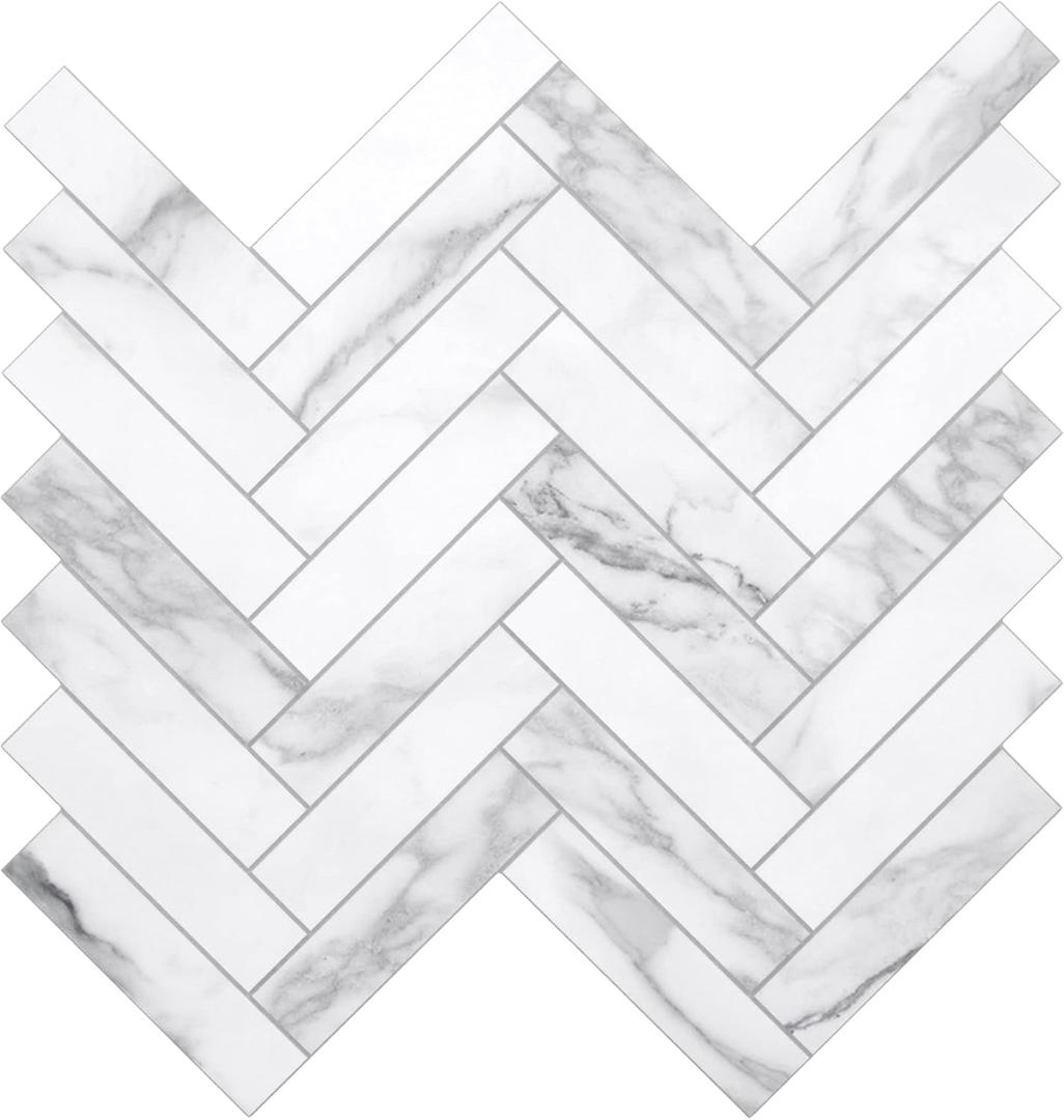 The Tiles Plaza 10-Sheet Peel and Stick Backsplash for Kitchen, 12" x 13" Carrara White Herringbone Stone Composite Self Adhesive Wall Tiles, Stick on Tiles Backsplash for Bathroom, Fireplace, Shower