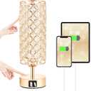 Crystal Table Lamp, Gold Lamp for Bedroom with USB-C USB-A Charging Ports, 3 Way Dimmable Light with Crystal Lampshade, Bedside Lamp Small Touch Light for Girl Room in Gold (USB-C+A Ports)