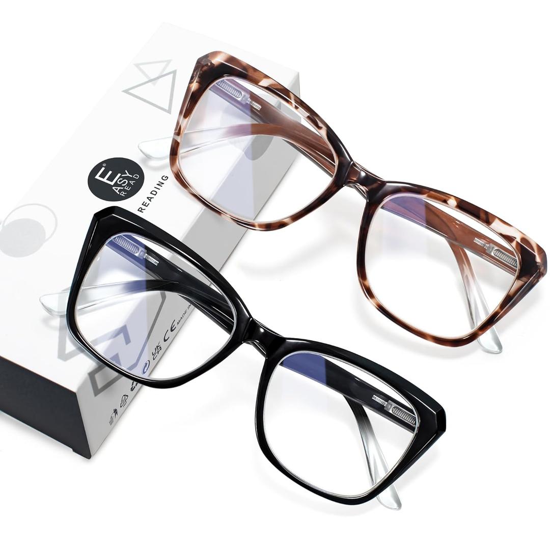 EASY READ 2 Pack Reading Glasses for Women, Cat Eye Blue Light Blocking Computer Readers with Spring Hinge(Magnification 2.00, Black/ Tortoise)