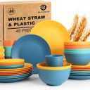 Wheat Straw Dinnerware Sets 40 PCS| Plates and Bowls Sets for 8, Unbreakable Dinner Plate, Dessert Plates, Cereal Bowl, Drinking Cups, Microwave Safe Dishes Set for Kitchen, Outdoor - Multi