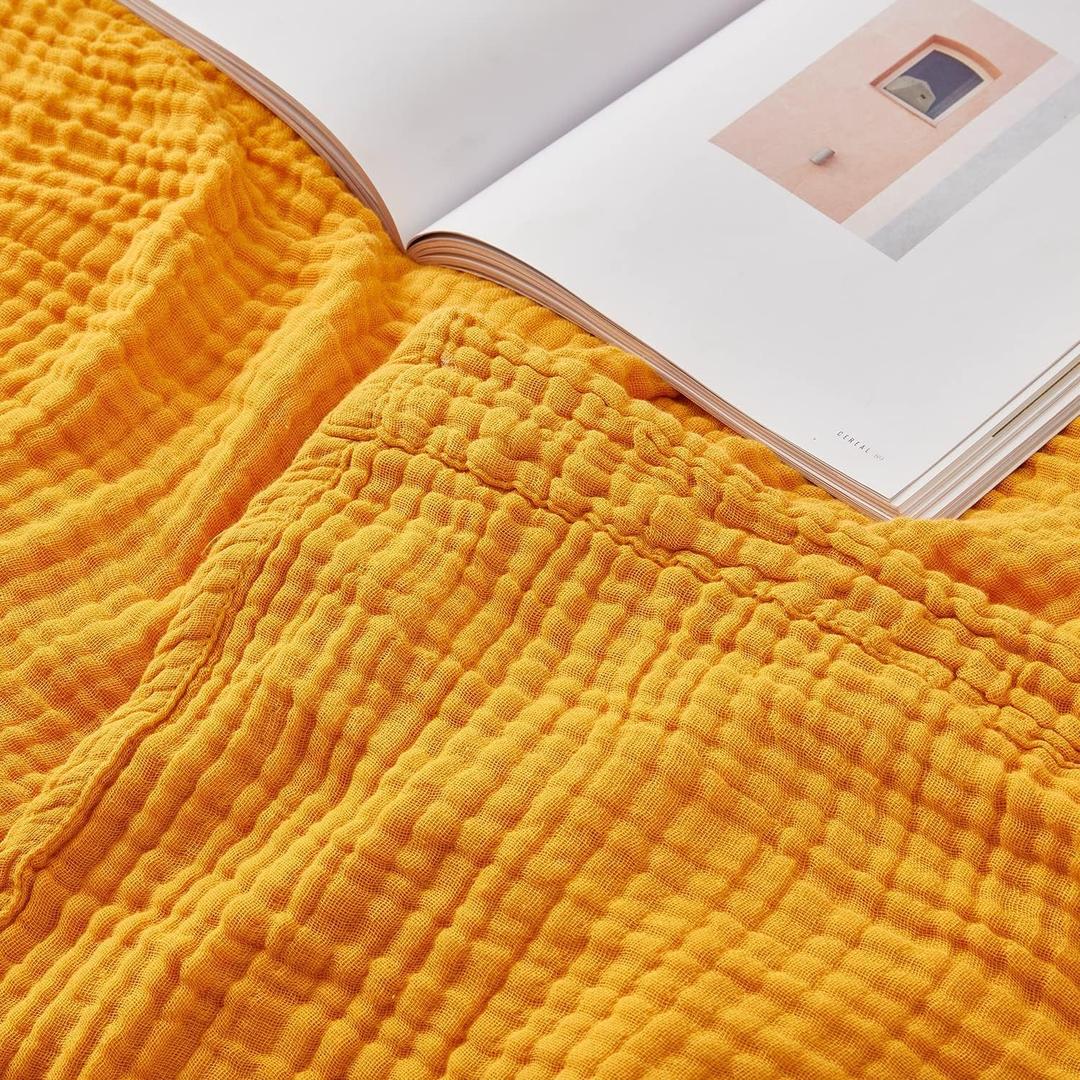 EMME Cotton Throw Blanket - 100% Muslin Soft, Breathable Gauze - All Season, Pre-Washed - Mustard Yellow, 50"x70"