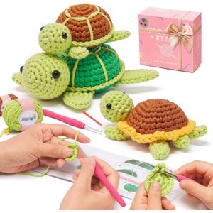 Mewaii Beginner Crochet Kit with 40% Extra Yarn, Pre-Started Yarn & Video Tutorials - 3 Sea Turtles Craft Set for Adults & Kids (Brown and Green)