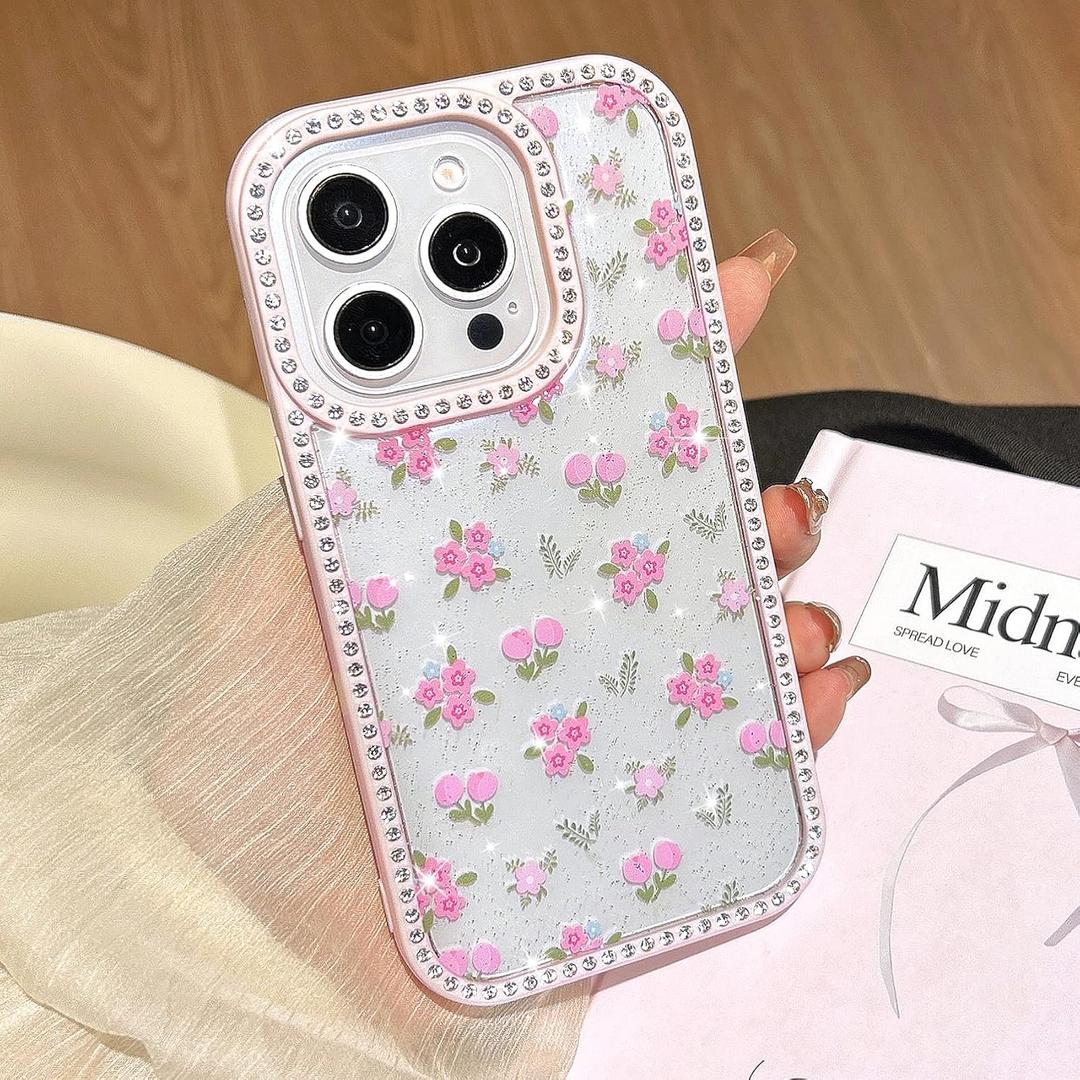 UEEBAI Flower Phone Case for iPhone 16 Pro Case Glitter, Cute Bling Sparkly Rhinestone Phone Cover with Shiny Crystal Diamonds Fashionable Pretty Aesthetic Floral Cover - Pink Floral
