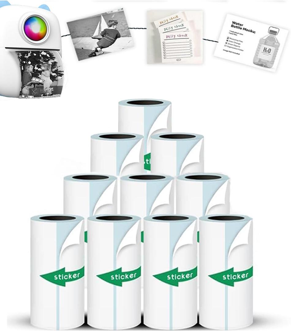 Mini Printer Sticker Paper, 10 Rolls Thermal Printer Stickers Paper 57 X 25mm, Printable Sticker Papers for Mini Print Papers and Most Instant Print Cameras (All White Sticker)