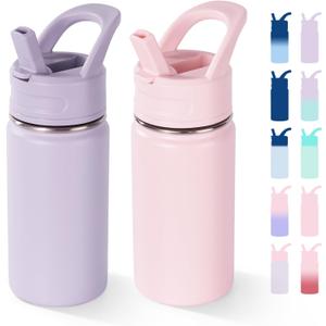 12oz Water Bottle with Straws, Stainless Steel Vacuum Insulated Water Bottle Leak-Proof, BPA-Free, Purple + Pink