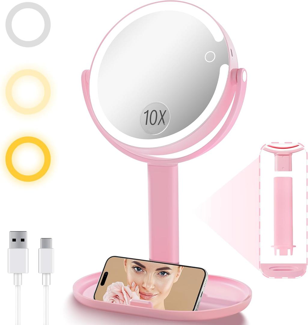 Vanity Makeup Mirror with Lights, 10X/1X Double Sided Magnifying Light up Desk Mirror with Stand Cosmetic Organizer, 3 Color Brightness Adjustable 360 Rotation Detachable for Travel