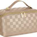 Large Capacity Travel Cosmetic Bag - Portable Makeup Bags for Women Waterproof PU Leather Checkered Makeup Organizer Bag with Dividers and Handle,Toiletry Bag for Cosmetics (khaki)