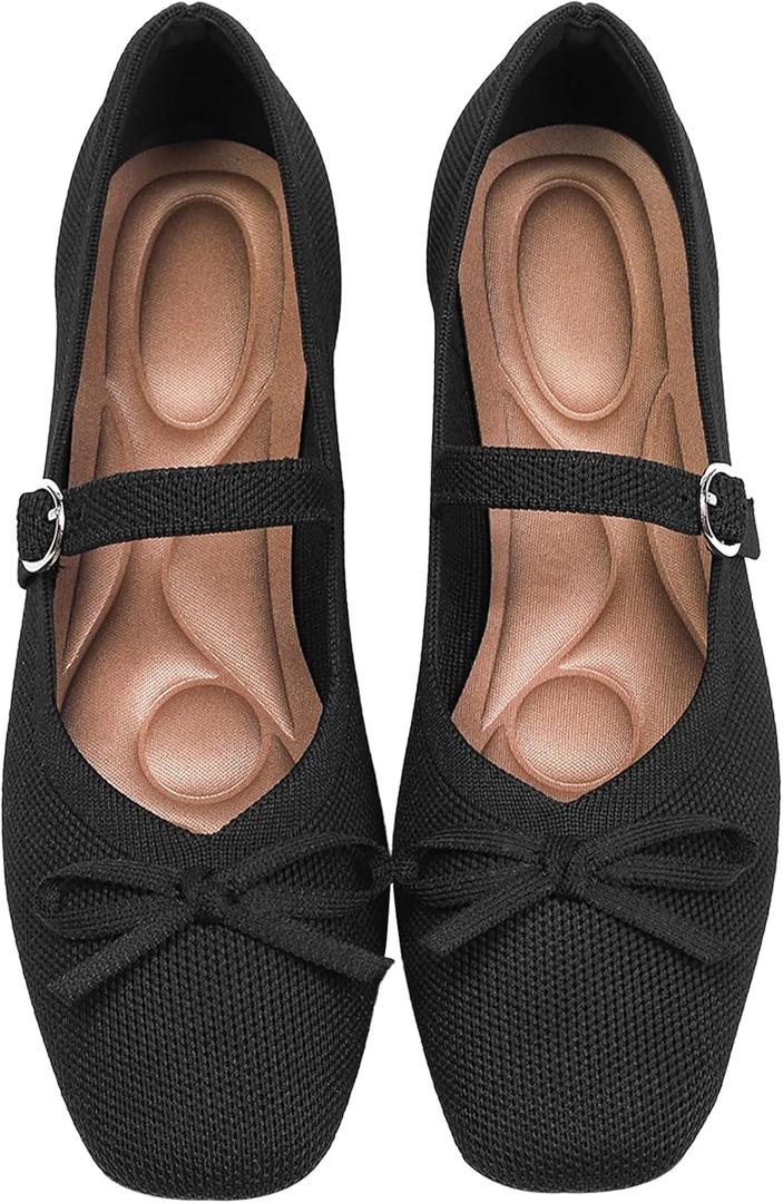 Knit Flats for Women Square Toe Flats Casual Ballet Flats with Ankle Strap,Washable Comfortable Dressy Mary Jane Flat - 12