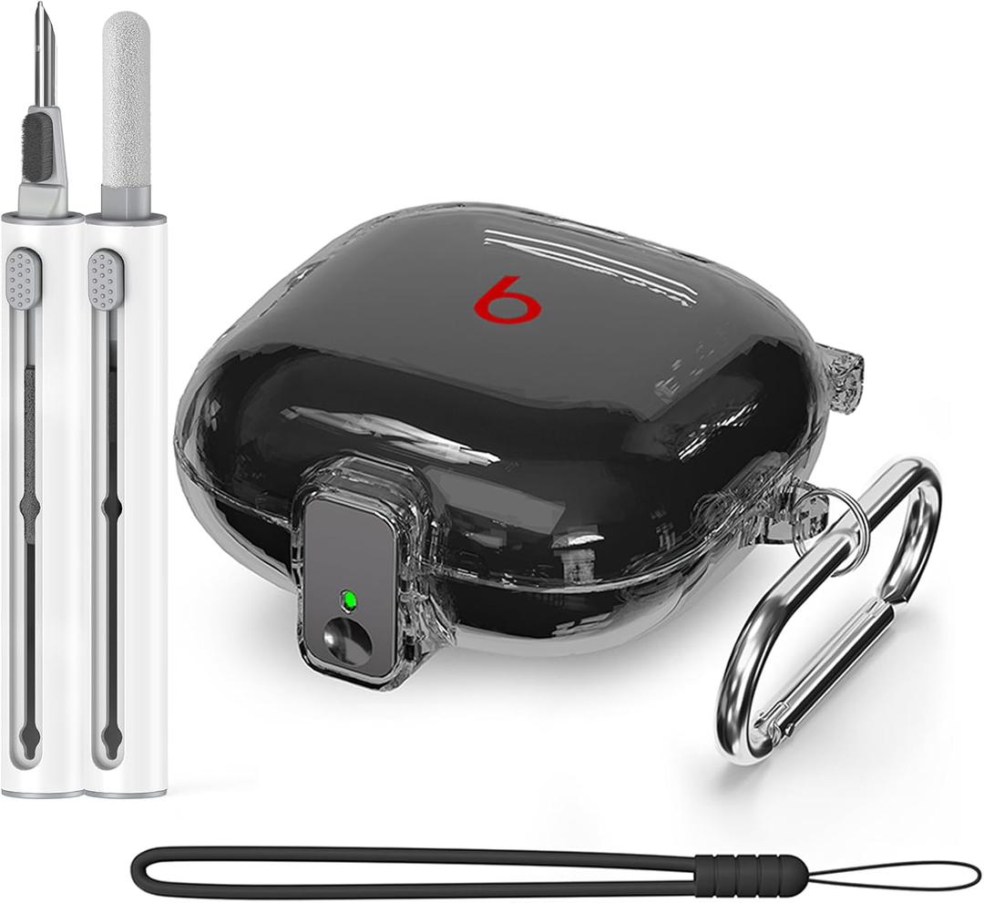 [Safety Lock] for Beats Fit Pro Case Cover,3 in 1 Cleaner Kit for Beats Fit Pro 2021,Accessories with Anti-Lost Keychain/Silicone Wrist Strap(Clear Black)