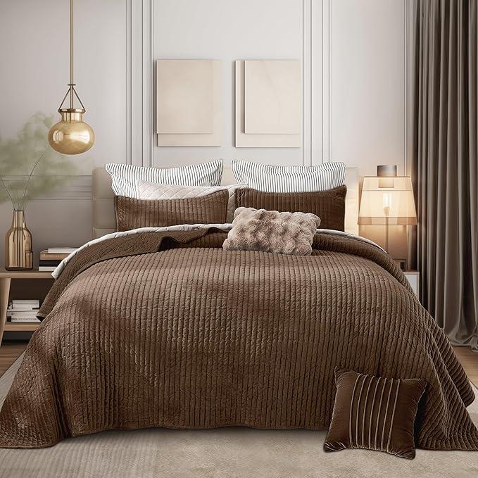 SHALALA Velvet Quilt King Size, Vertical Striped Bedding Set, Lightweight Velvet Comforter, Luxurious Cozy Bedspread and Coverlet with Soft Brushed Microfiber (Cocoa Brown, King)