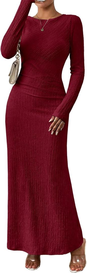 MITILLY Fall Dress for Women 2025 Long Sleeve Maxi Dress Formal Crew Neck Bodycon Ruched Cocktail Party Dresses (Small, Wine Red)