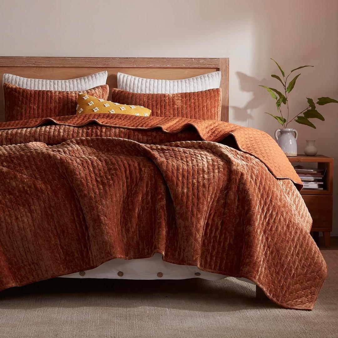 Velvet Quilt Set Full/Queen Size 90''x98'', Lightweight Burnt Orange Velvet Comforter Set with 2 Matching Shams, Soft Cross Stitch Bedspread Coverlet Bedding Set for All Season