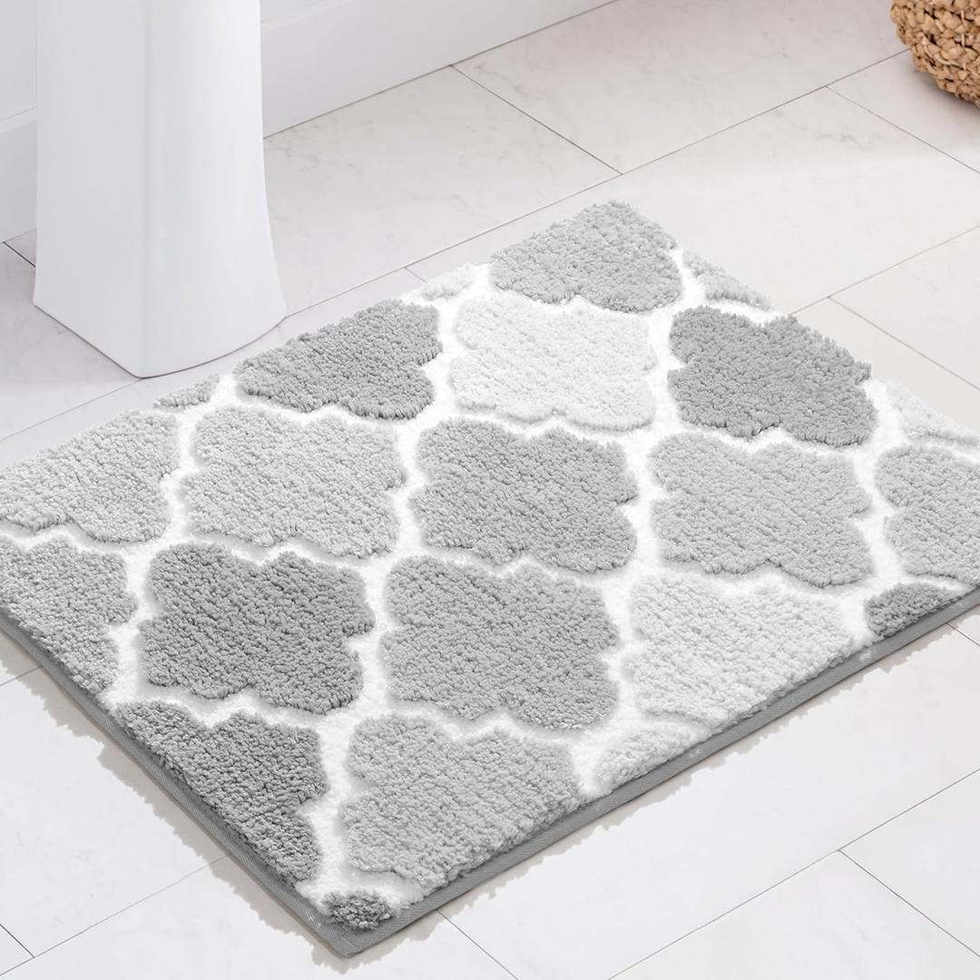 DEXDE Gray Bathroom Rugs, Non-Slip Small Checkered Bath Rugs Fuzzy Extra Absorbent Plush Shaggy Bath Mats, Machine Wash Dry Soft Carpet for Bathroom Floor Tub and Shower, 17x24 Inches (Grey)