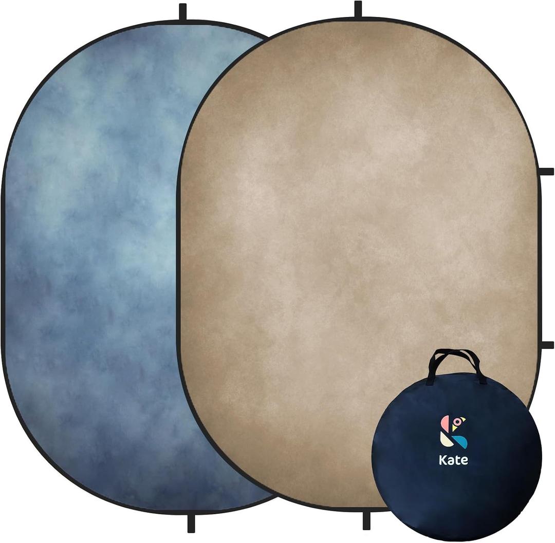 Kate 5x6.5ft(1.5x2m) Tan Blue Collapsible Backdrop Double Sided Folding Backgrounds Pop Up Reversible Backdrops for Photo Video Studio
