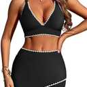 ZAFUL Women's High Waisted Bikini with Skirt Whip Stitch 2 Piece Swimsuits Tummy Control Bathing Suit, Size 2XL, Black