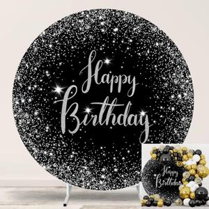 7.2ft Happy Birthday Round Backdrop Cover Black and Silver Birthday Circle Photography Background Glittering Stars Diamonds for Women Man Boys Girls Baby Birthday Party Decoration Photo Props