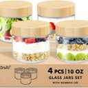 DRKIO 10 Oz Overnight Oats Containers with Bamboo Lids - 4 Pack Glass Storage Jars with Airtight Lids Wide Mouth Mason Food Jars Great for Meal Prep Salad Chia Pudding Snacks Yogurt Sugar Spice
