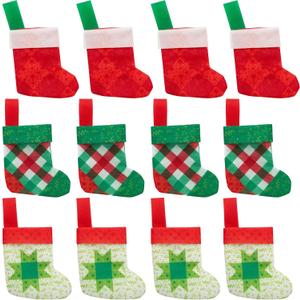Fun Express 3 1/2" x 4" Patchwork Mini Christmas Stocking Decorations - 12 Pieces