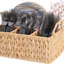 Wicker Party Silverware Caddy, Water Hyacinth Plastic Cutlery Utensil Holder, Hand Woven with Handles, Kitchen Countertop and Picnic flatware Organizer (4 compartments)
