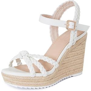 Espadrille Wedge Sandals for Women Braided Knot Ankle Strap Open Toe Platform Sandals, White, Size 8