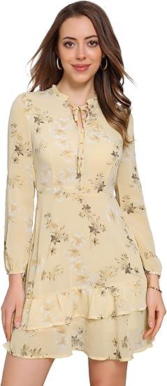 Allegra K Women's Fall Dresses 2025 Tie V Neck Semi Sheer Long Sleeve Layered Tiered Chiffon Mini Floral Dress M