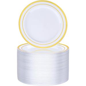 BESTVIP 100PCS Gold Plastic Plate, 7 Inch Disposable Dessert Plate Party with Gold Rim, Heavy Duty Disposable Plastic Plates for Party, Wedding and Birthday