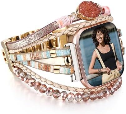 HARAVAL Leather Beaded Bracelet Compatible with Fitbit Versa 4/Versa 3 Bands/Sense 2/Sense Bands for Women Men, Cute Handmade Multilayer Wrap Boho Strap for Fitbit Smartwatch (Pink/Black/Silver/Beige)