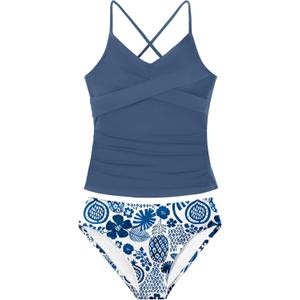 Girls Swimsuit Tankini Criss Cross Ruched 2 Piece Bathing Suit Printed Girl Swimwear for Teens 9-16Y (13-14 Years, Blue)