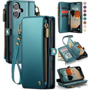 Defencase Compatible with iPhone 16 Plus Case Wallet with RFID Blocking Card Holder for Women Men, PU Leather Magnetic Snap Flip Zipper Strap Wallet Phone Case Fit for iPhone 16 Plus 6.7", Blue Green