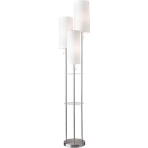 Adesso Trio Floor Lamp with Three Pull Chain Lights and Two-Tier Storage, Brushed Steel Base, White Linen Shades, 68” Tall, Enhances Room Decor and Lighting