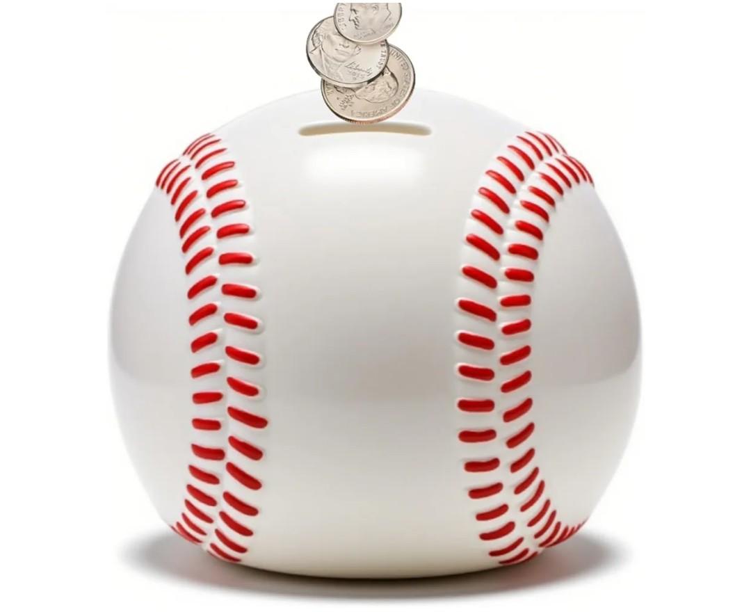 6.3" Baseball Piggy Bank, Shatterproof Baseball Shape Coin Bank, White Sports Themed Money Box for Saving Money, Money Storage Container for Boys Girls Adults, Bedroom Decor