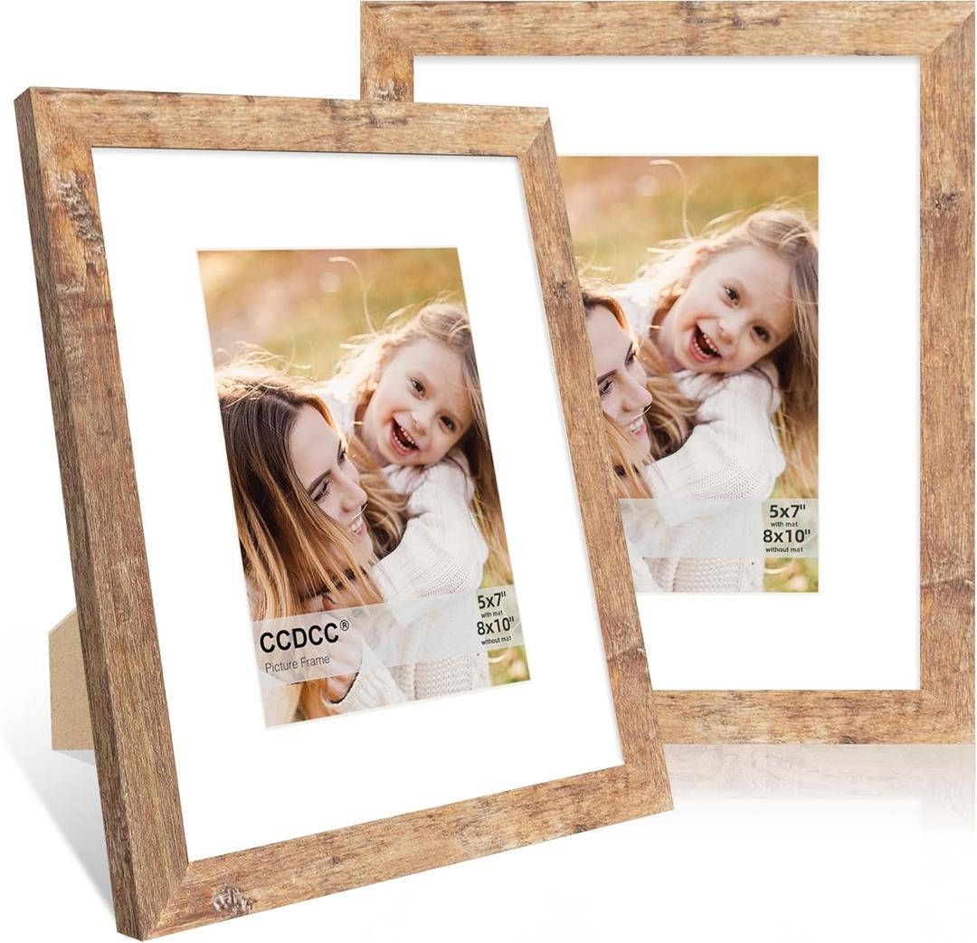 8x10 Picture Frame Set of 2, 8 x 10 Wood Photo Frames with Mat for 5x7, Natural Wooden Frame with Real Glass Cover for Wall and Tabletop Display,Brown