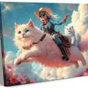 Eclectic Western Cowgirl Canvas Wall Art Whimsical Cowgirl Pink Cat Rider Wall Decor Pictures Surreal Funny Cute Cat Trendy Animal Poster Print Funky Maximalist Home Decoration 12x16in