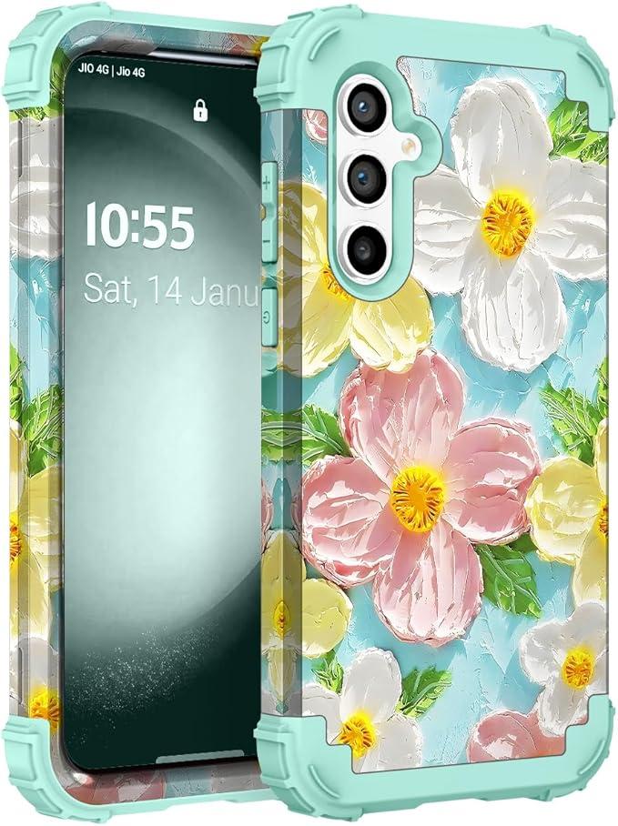 for Galaxy S23 FE Case,3 in 1 Oil Painting Flower Pattern Heavy Duty Shockproof Protection Silicone Rubber Bumper+Hard Plastic Hybrid Protective Cover for Samsung S23 FE 6.4",Green Flower