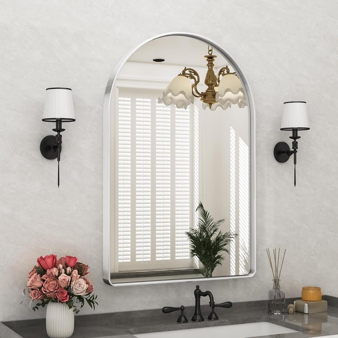 Suidia 24" x 36" Bathroom Mirror, Bathroom Vanity Mirror Metal Framed, Wall-Mounted Mirrors for Bedroom, Living Room, Entryway, Hallway, Silver, Arch Style