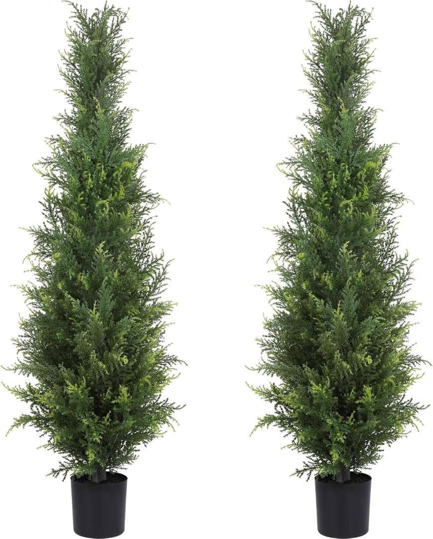 Artificial Cedar Topiary Trees 4FT Potted Fake Cypress Trees Faux Evergreen Plants for Home Porch Garden Decor Set of 2