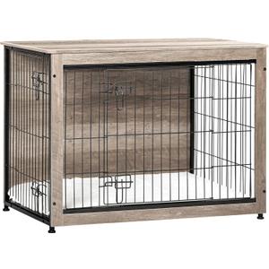 Dog Crate Furniture with Cushion, Wooden Kennel Table with Double Doors, Indoor Dog House, Large Size, 38.5" L, Greige