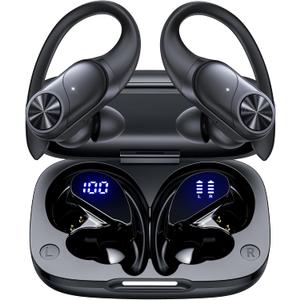 PocBuds Bluetooth Headphones Wireless Earbuds 80hrs Playtime Wireless Charging Case Digital Display Sports Ear Buds with Earhook Deep Bass IPX7 Waterproof Over-Ear Earphones for TV Phone Laptop Black