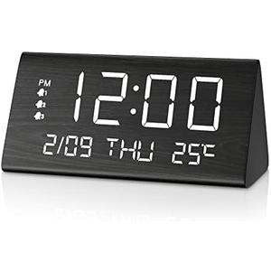 JALL Digital Alarm Clock, with Wooden Electronic LED Time Display, 3 Alarm Settings, Weekday/Weekend Mode, Temperature Detect, Wood Made Electric Clocks for Office, Bedroom, Bedside (Black)
