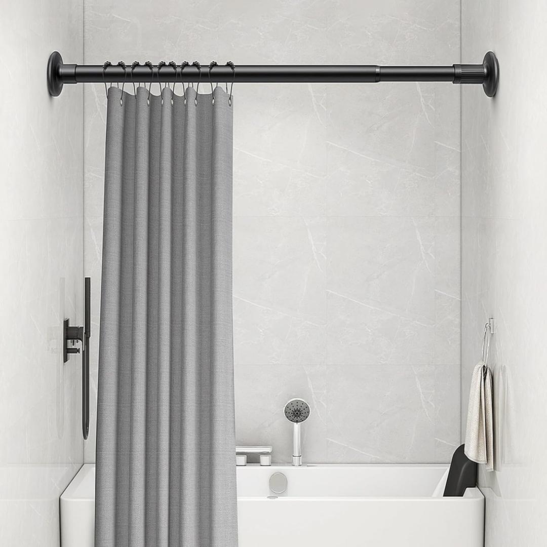 Vibeo Metal Shower Curtain Rod Adjustable, No Drilling Tension Closet Rod for Bathroom Room Divider, Bedrooms Blackout Curtain Rods for Windows(Black,1m-1.7m(3.3ft-5.5ft))