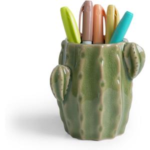 Ceramic Cactus Pen Holder, Cactus Decor Cute Pencil Holder, Makeup Brush Holder for Home, Office Desk Accessories(Light Green Cactus) (Large(Diameter 7.5CM))