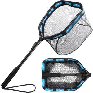 PLUSINNO Floating Fishing Net for Steelhead, Salmon, Fly, Kayak, Catfish, Bass, Trout Fishing, Rubber Coated Landing Net for Easy Catch & Release, Compact & Foldable for Easy Transportation & Storage (11.8"/30cm Hoop Size 0.8M Blue (Fixed Pole))