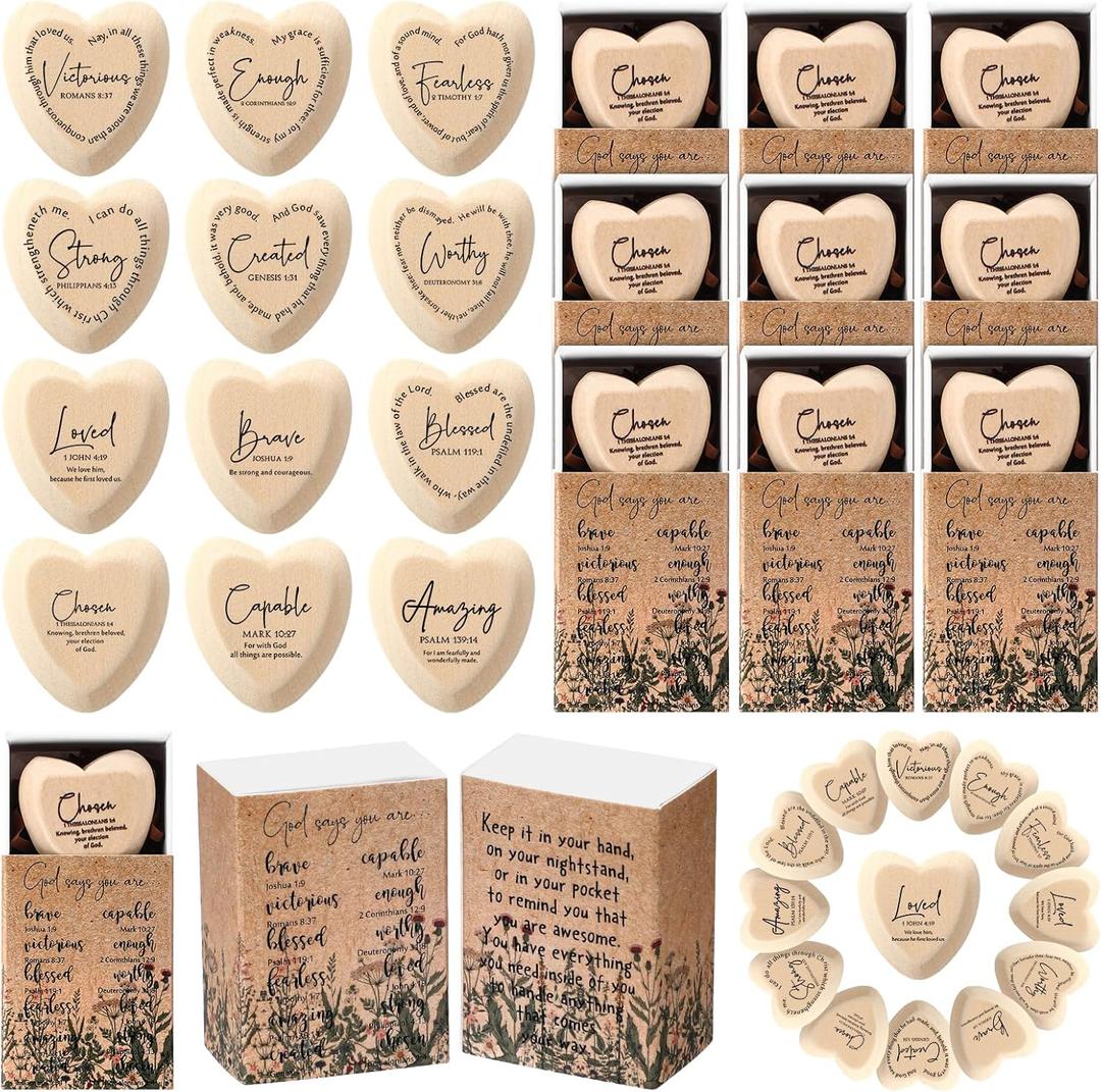 60 Sets Easter Christian Gift Bulk God Say You Are Wooden Religious Pocket Hug Heart Bible Verses Pocket Hug Token God Bless Party Favors Scripture Gifts for Church Member Mom Dad (Wood Color)