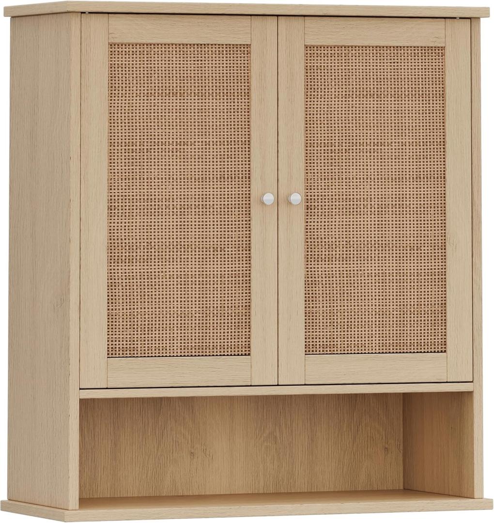 Reettic Rattan Bathroom Wall Cabinet with Doors, Boho Medicine Cabinet with Adjustable Shelf, Over The Toilet Storage Cabinets Organizer for Bathroom, Kitchen, Entryway, Natural 23.6 x 7.9 x 27.6 in
