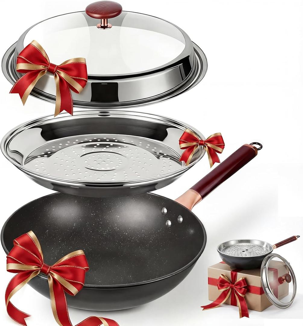 Kseroo 13-Inch Carbon Steel Wok Pan with Lid: Professional Woks & Stir-Fry Pans Nonstick with Steamer, Large Deep Flat Bottom Cookware, Works on All Cooktops, Stay-Cool Handle, Ideal Kitchen Gift