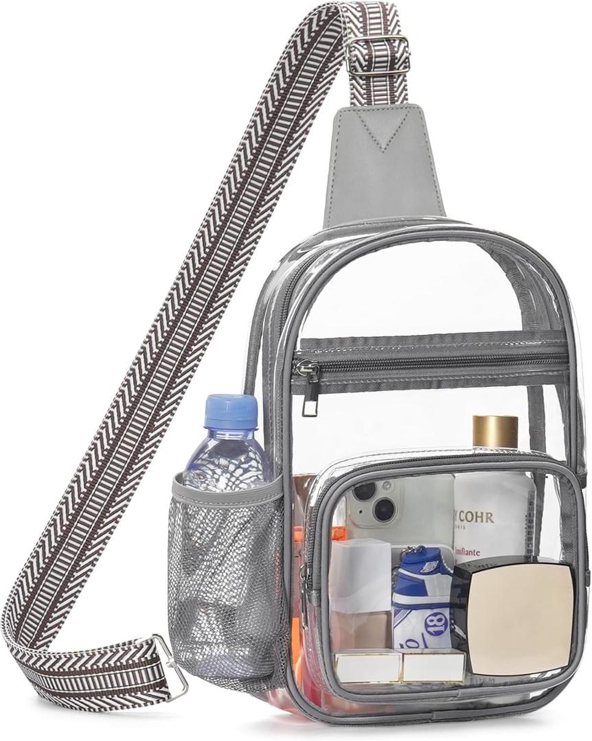 Clear Bag for Stadium Events, Clear Purses For Women Men, Transparent Crossbody Bag, See Through Large Sling Backpack (Light Grey)